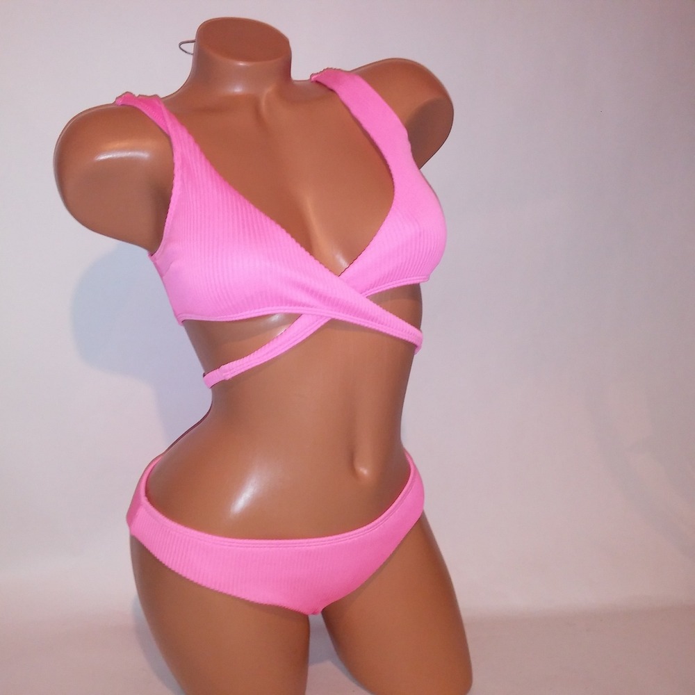 Hollister Swim Bikini Small Top Medium Bottom Neon Pink Ribbed Wrap